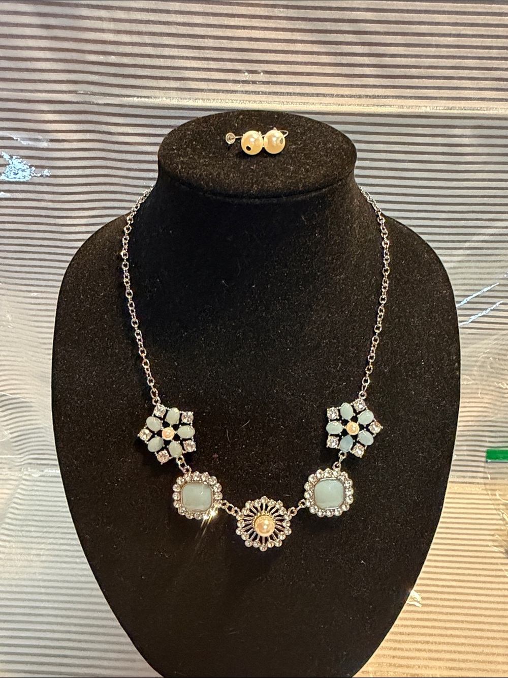 Mint Gem & Silver Floral Cluster Necklace and earrings set Women Jewelry